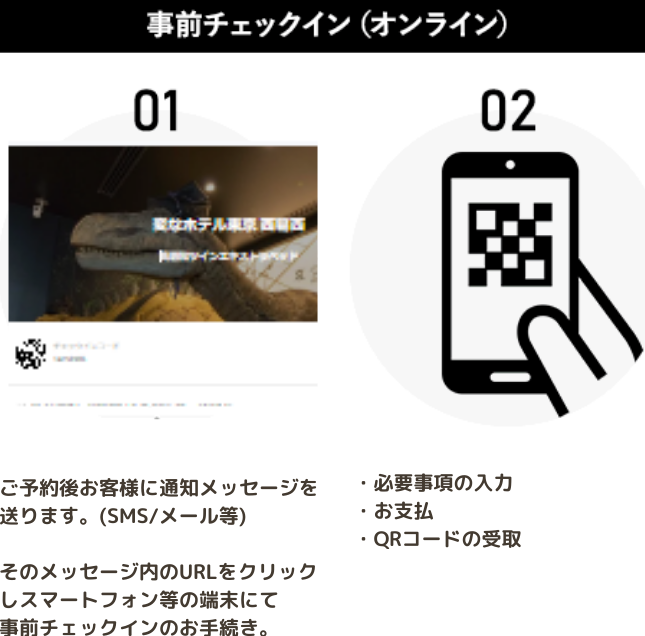 QRコードをかざして<br />
最短10秒チェックイン<br />
(事前入力とお支払が必要)